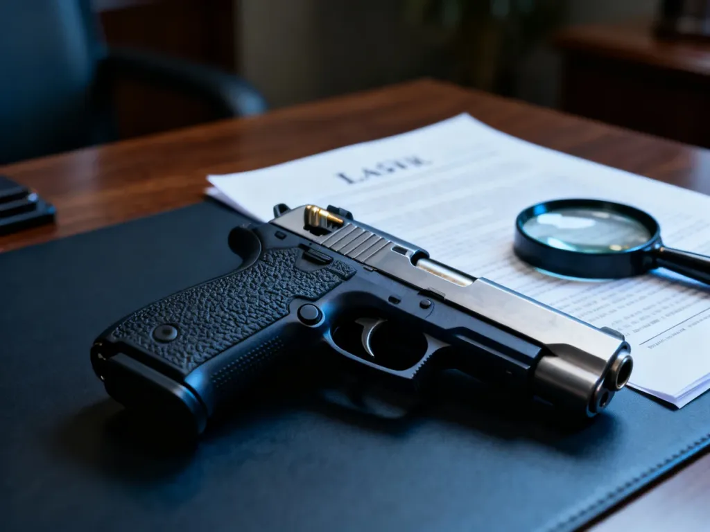 Pistolet na kule gumowe leżący na biurku obok dokumentów prawnych i lupy, symbolizujący kwestie prawne posiadania broni.
