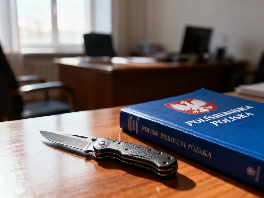 Nóż kieszonkowy leżący na drewnianym biurku obok kodeksu prawnego, ilustrujący zagadnienia dotyczące przepisów o noszeniu noży.