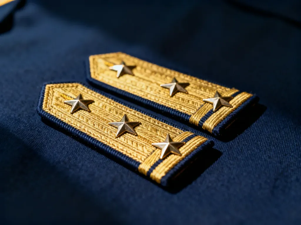 Złote dystynkcje generalskie Wojska Polskiego wyeksponowane na ciemnogranatowym mundurze.