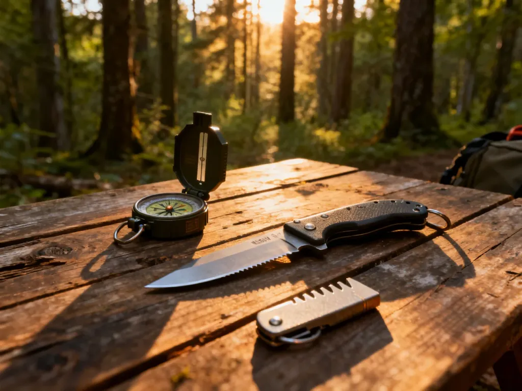 Zestaw profesjonalnego sprzętu survivalowego, w tym kompas, nóż i krzesiwo, przygotowany na drewnianym stole w lesie.