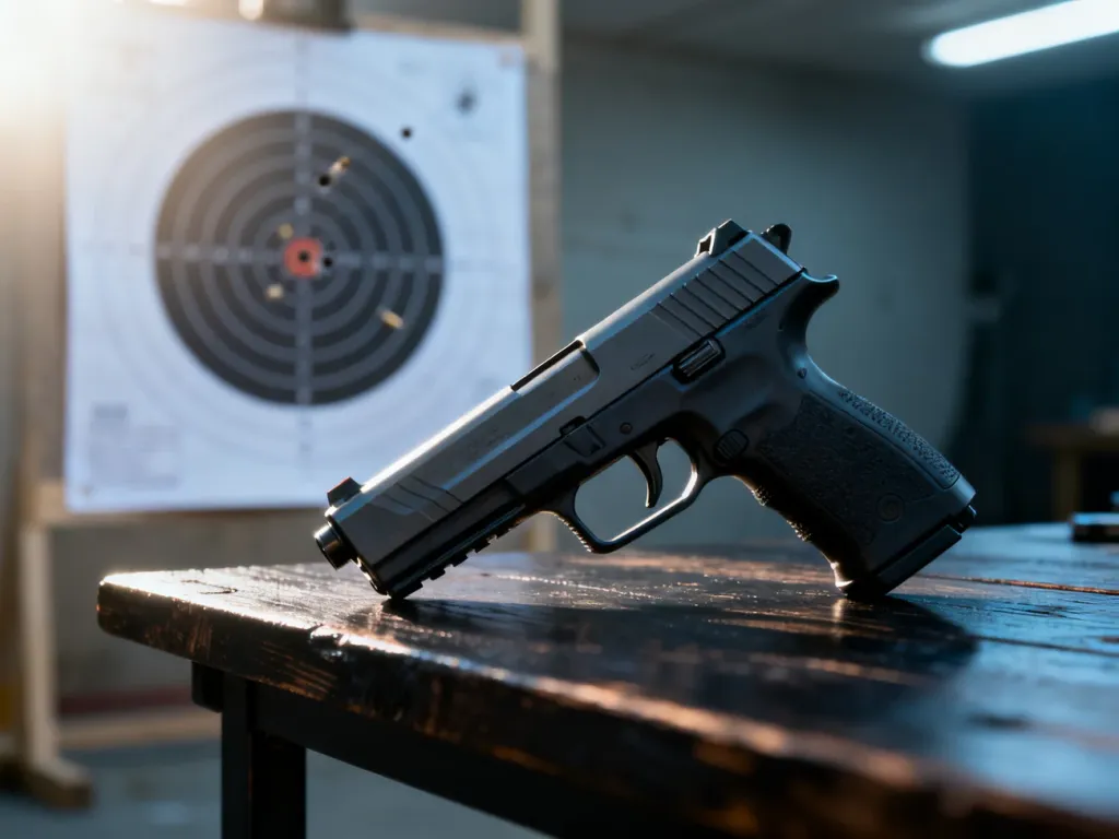 Profesjonalny pistolet sportowy leżący na drewnianym stole na tle tarczy strzeleckiej z przestrzelinami.