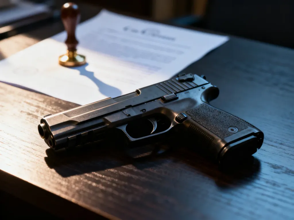 Nowoczesny pistolet gazowy leżący na drewnianym biurku obok rozmytego dokumentu prawnego.